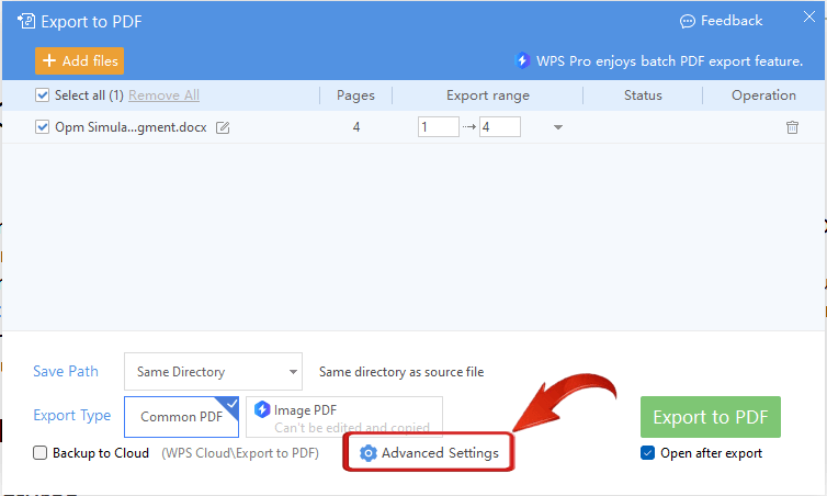 Export to PDF Advanced settings