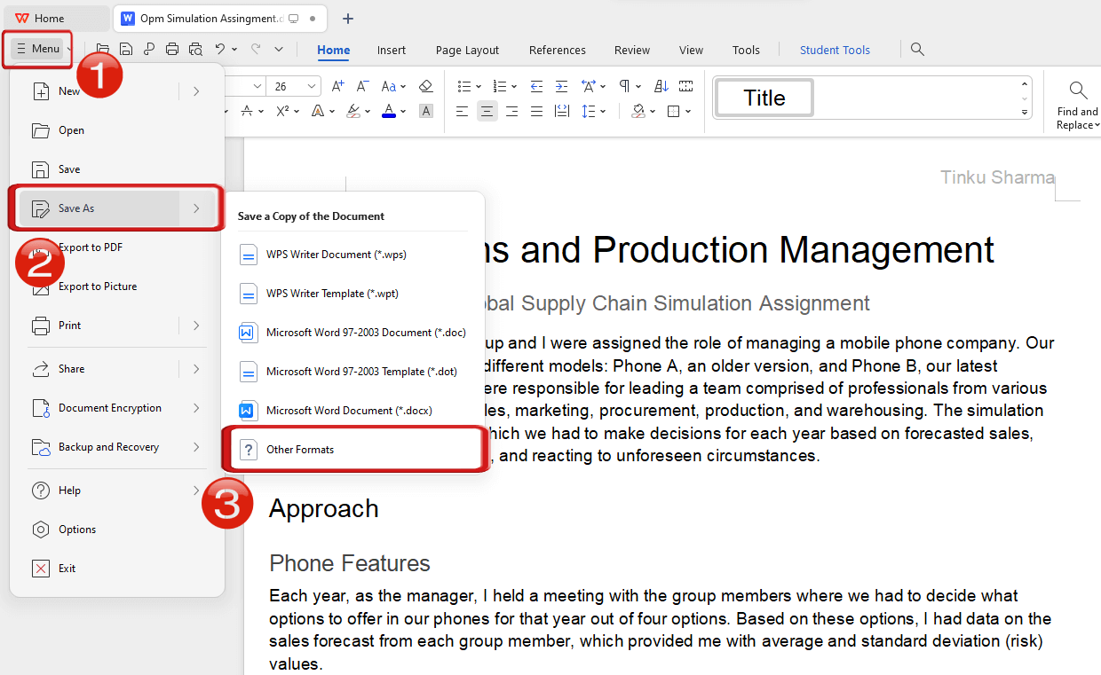 WPS Writer Menu navigation: choose Save As and Other Formats to start Word to PDF conversion
