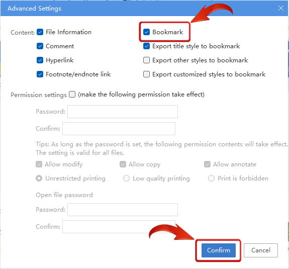  Select Bookmarks in Advanced Settings
