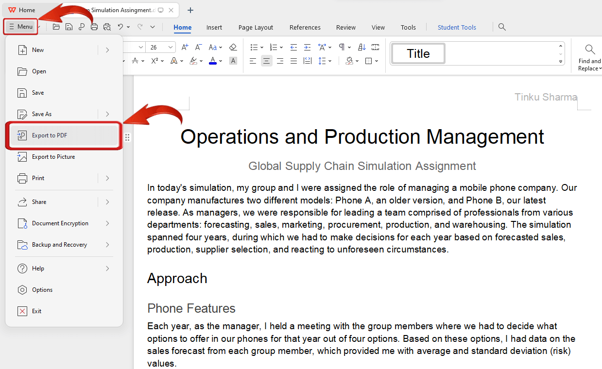 WPS Writer Export to PDF option