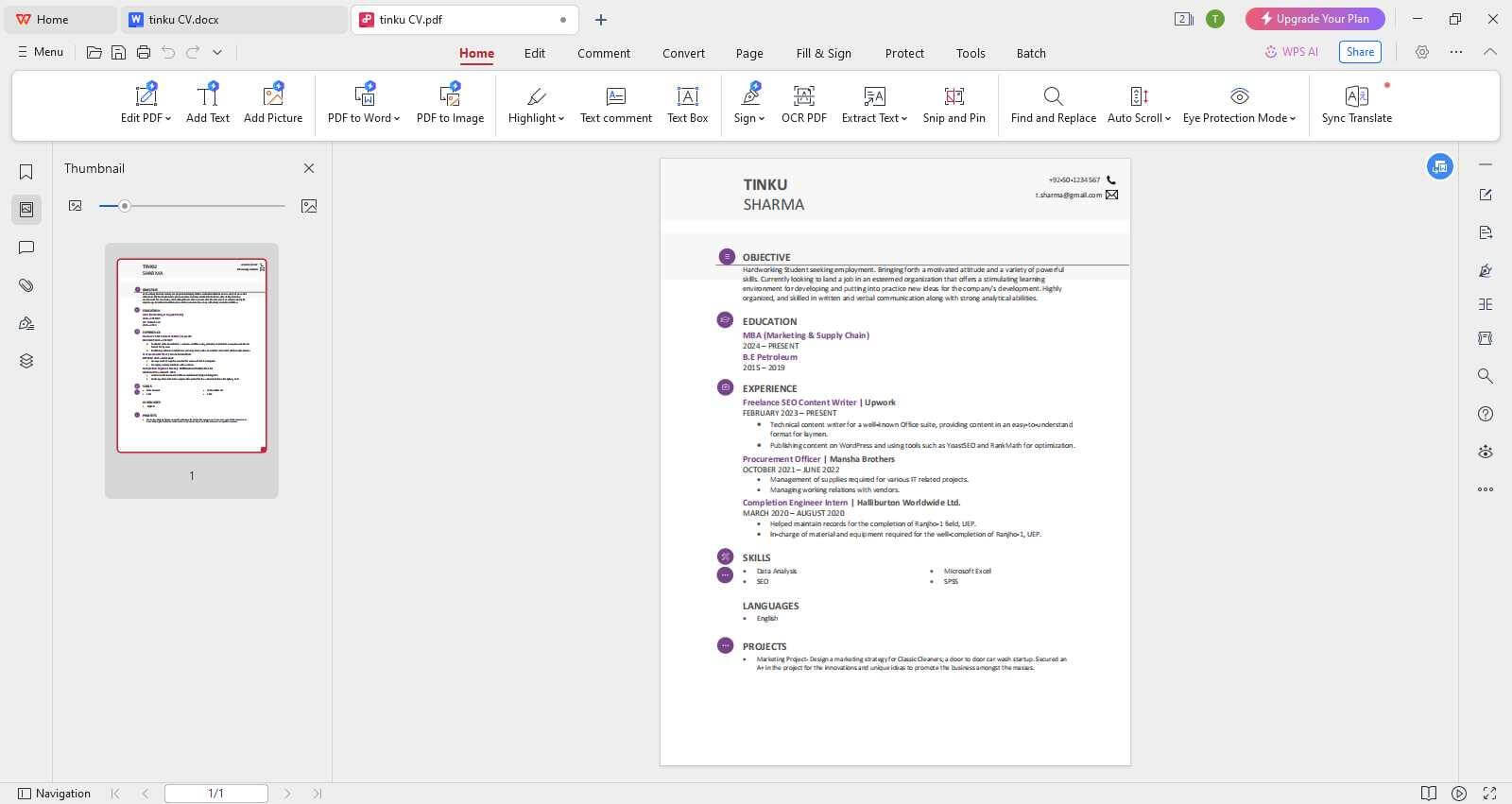 Resume converted to PDF using WPS Writer