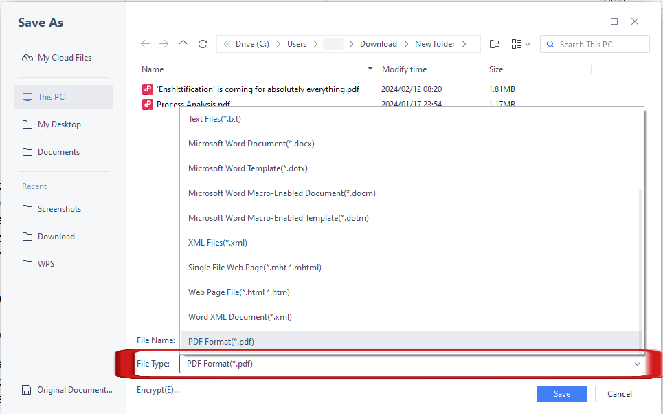 WPS Writer Save Word document as PDF
