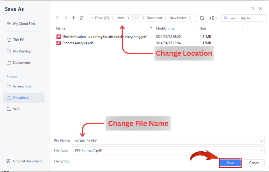 WPS Save As dialog set to PDF Format with file name and Save button highlighted