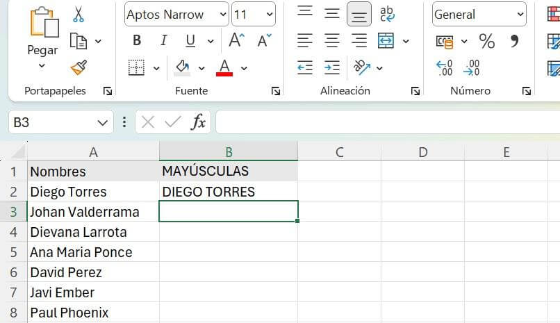 Atajo del teclado para escribir mayúsculas en Excel con fórmula