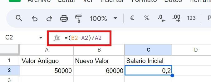 Ejemplo del cálculo del cambio porcentual