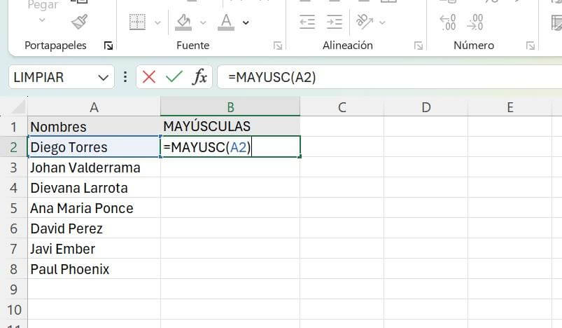 Atajo del teclado para escribir en mayúsculas en Excel con fórmula