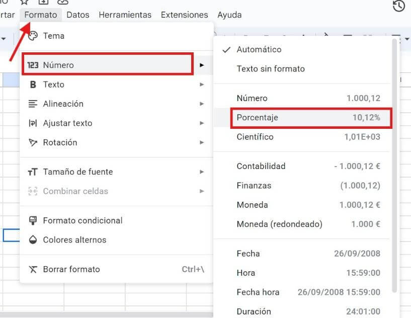 Elegir la opción de “Porcentaje”