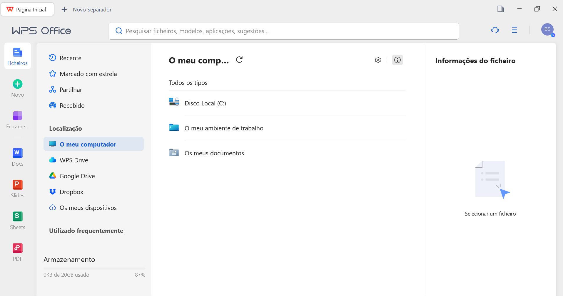 interface inicial do WPS Office