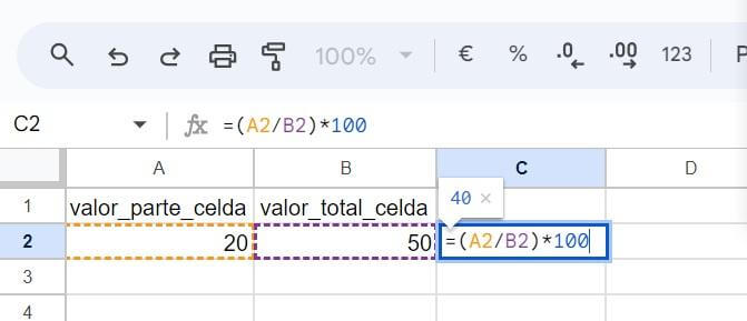 Ejemplo de cálculo del porcentaje de un total