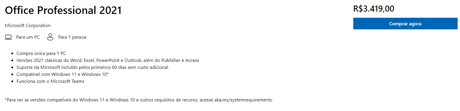 Valor da licença Office Professional 2021 no site oficial