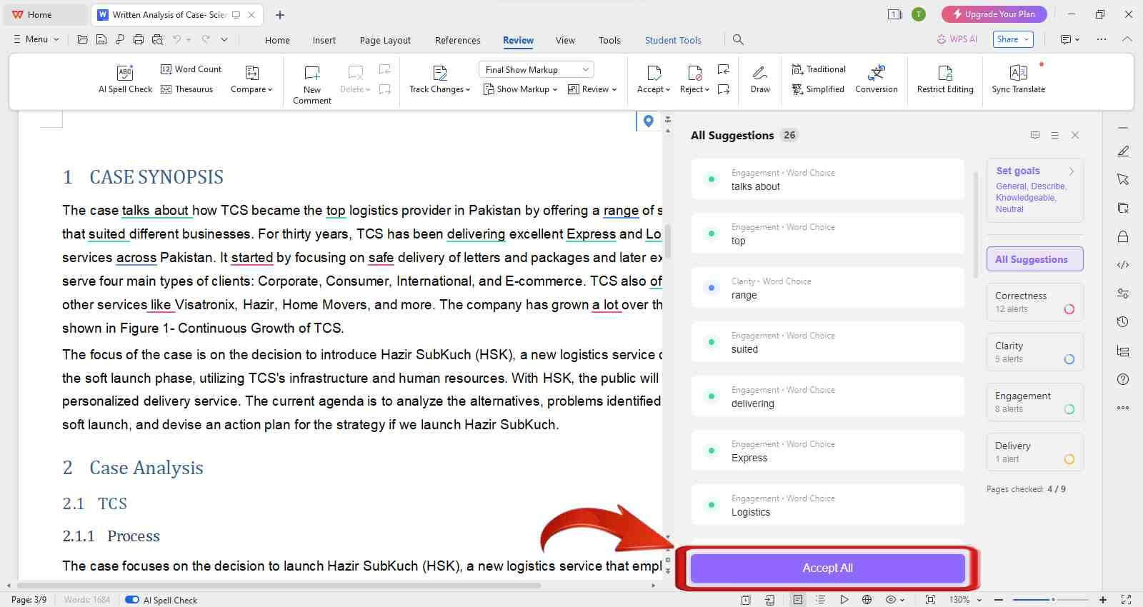 Принять все исправления, предложенные WPS AI Spell Check