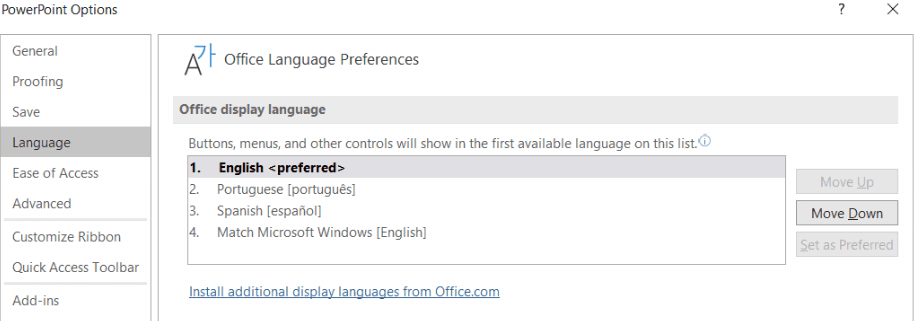 menu de idiomas do PowerPoint