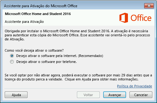 tela de ativação do Office