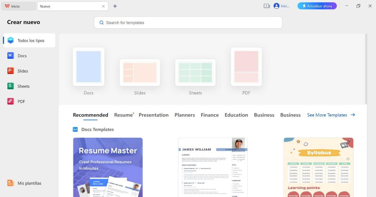 Interfaz de WPS Office