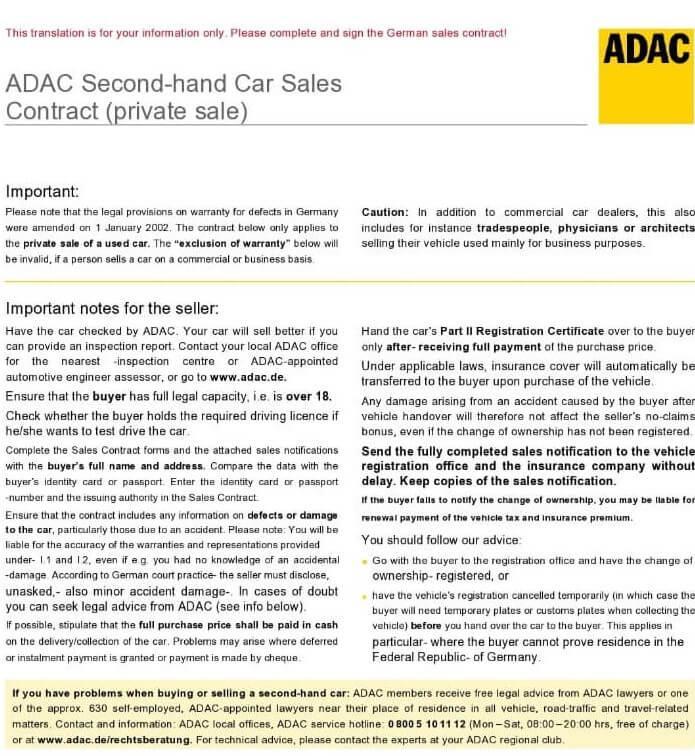 Contrato de venta de coches de segunda mano de ADAC (venta privada)