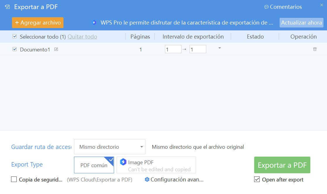 Exportar como PDF con WPS Office