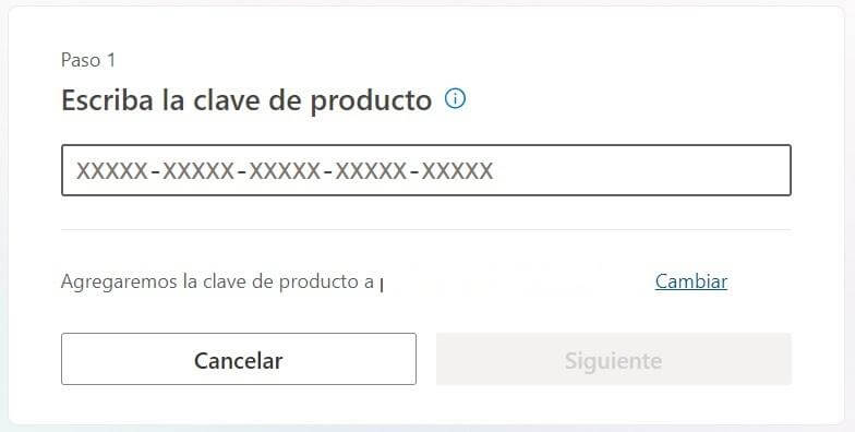 Introduzca su clave de producto de Microsoft