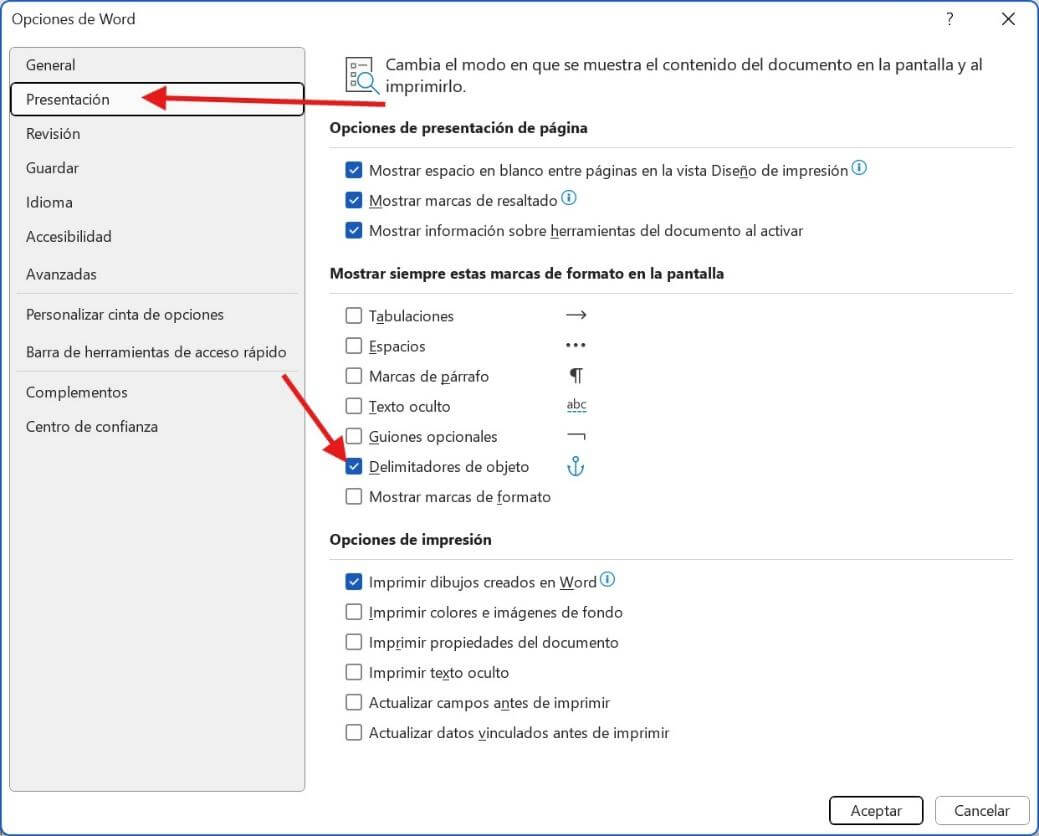 Opción Delimitador de objetos en Microsoft Word