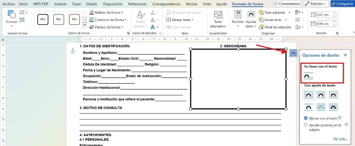 Opción de diseño en línea con el texto en Microsoft Word