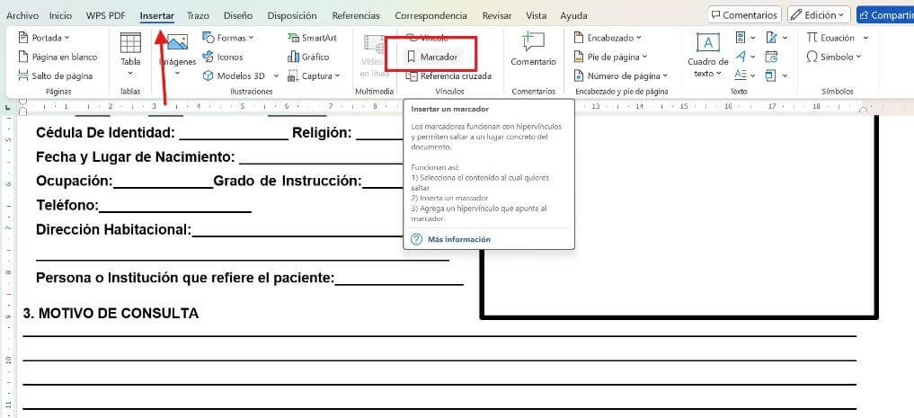 Opción Marcador de Microsoft Word
