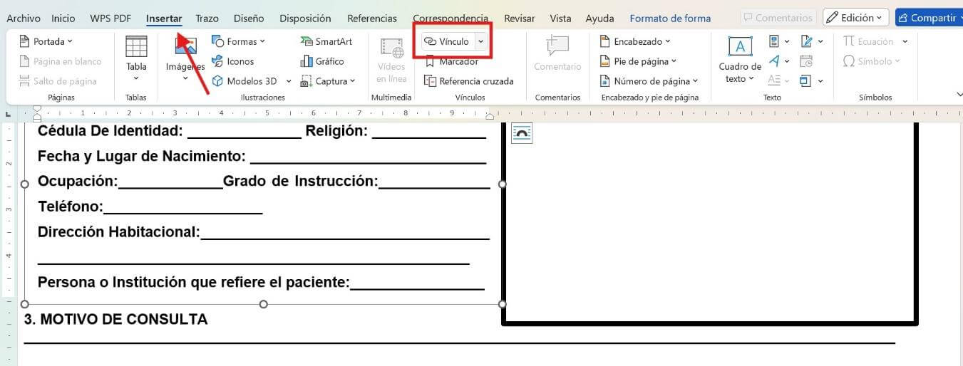 Opción de vínculo en Microsoft Word