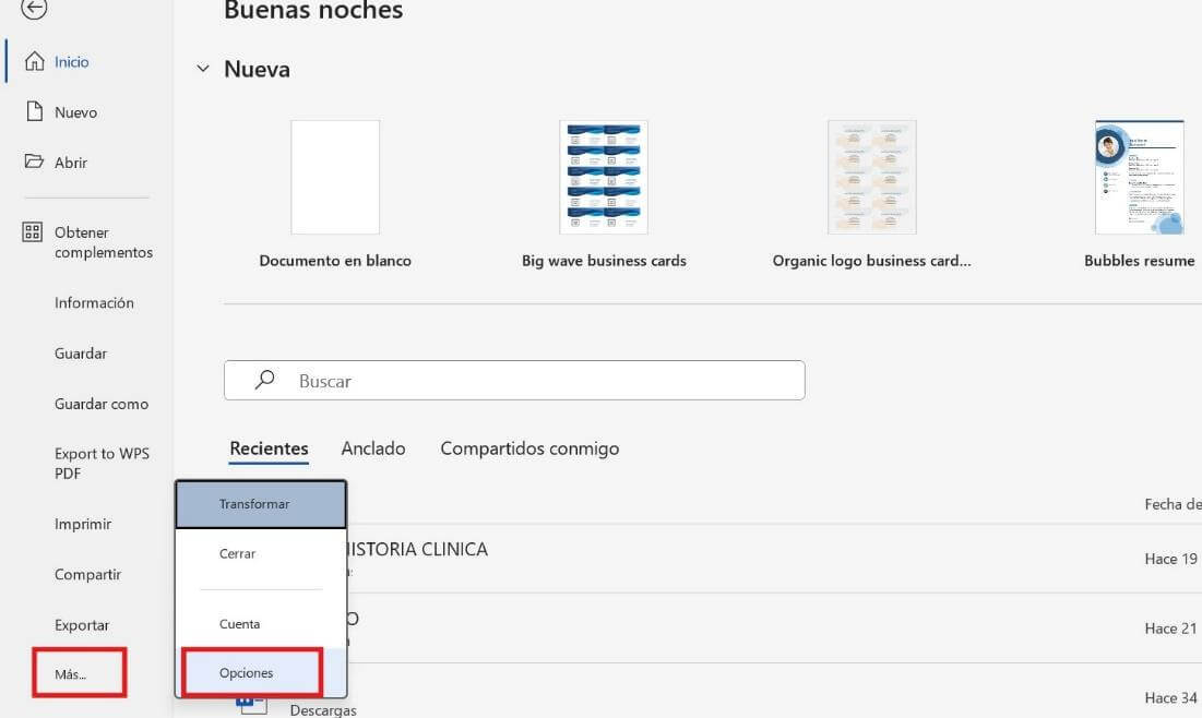 Menú de Archivo en Microsoft Word