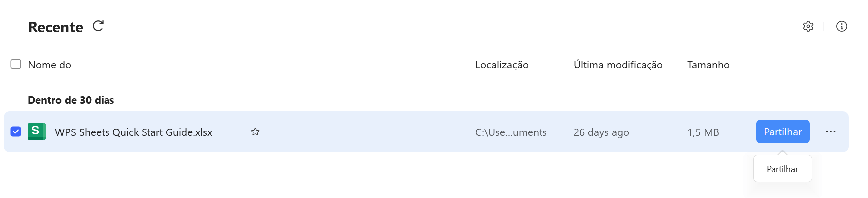 botão de compartilhamento de planilhas no WPS Office