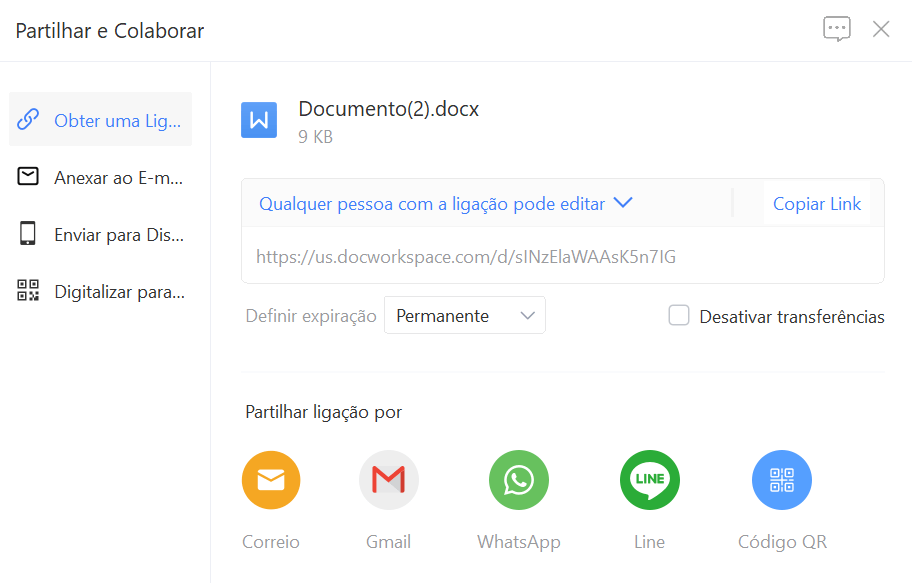 tela de compartilhamento de documentos por link no WPS Office