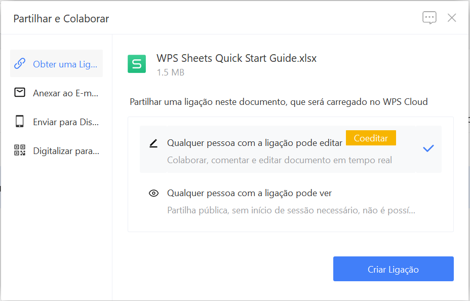 tela de compartilhamento de planilhas no WPS Office