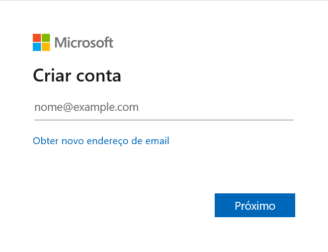 tela de criação de conta da Microsoft