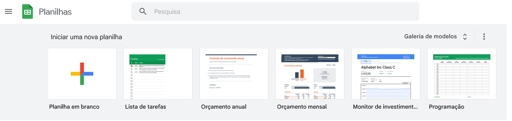tela inicial do Google Planilhas