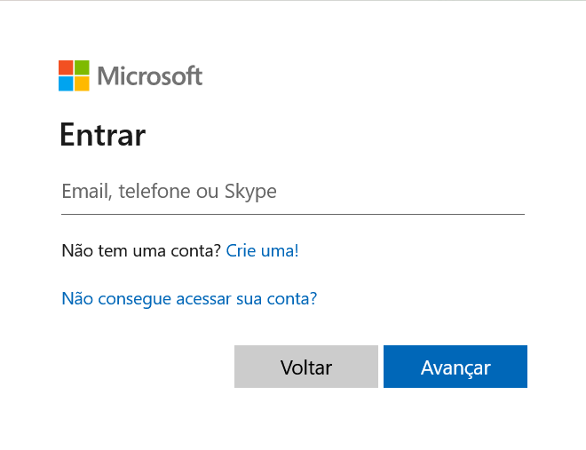 tela de login da Microsoft