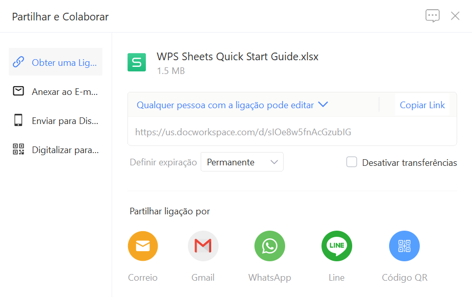 tela de compartilhamento de planilhas por link no WPS Office
