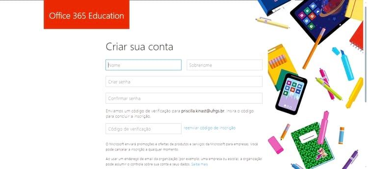 criando a conta no Office 365 Educação