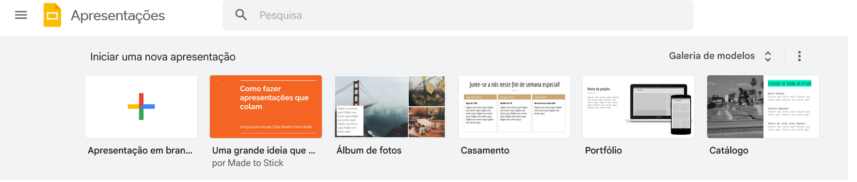 interface inicial do Apresentações do Google