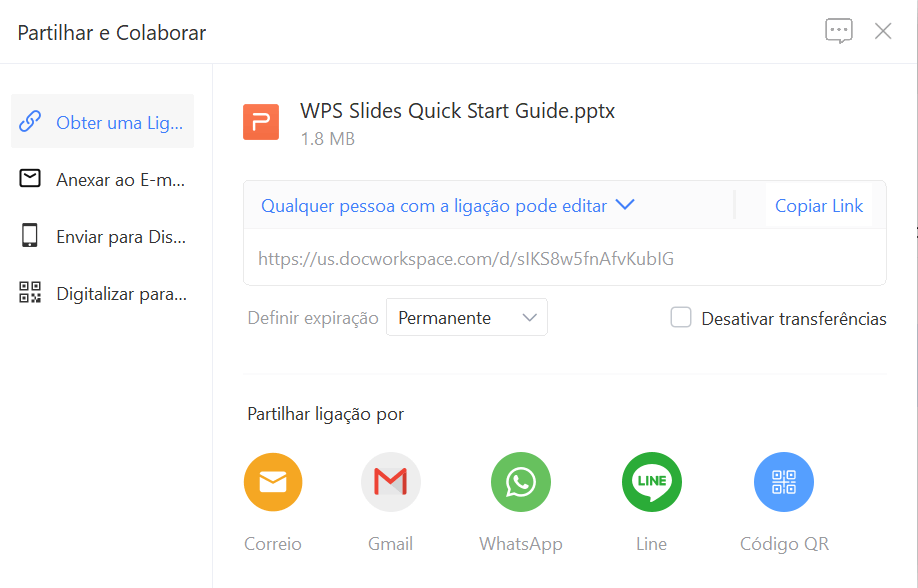 tela de compartilhamento de links de apresentações no WPS