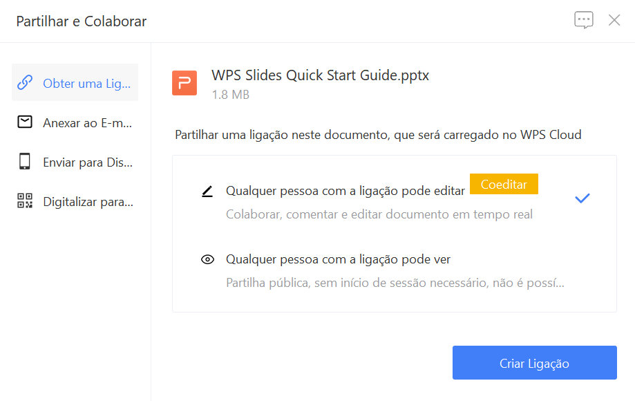 tela de compartilhamento de apresentações no WPS Office