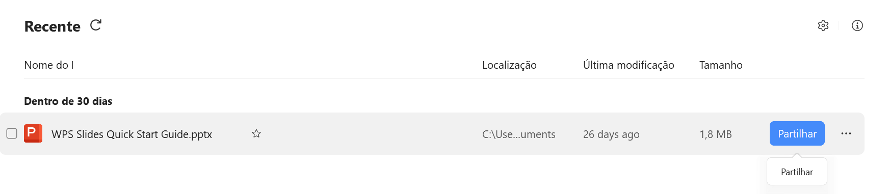 botão de compartilhamento de apresentações no WPS Office