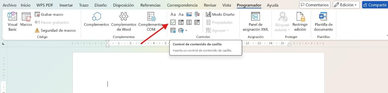Hacer clic en la casilla para insertar casillas de verificación