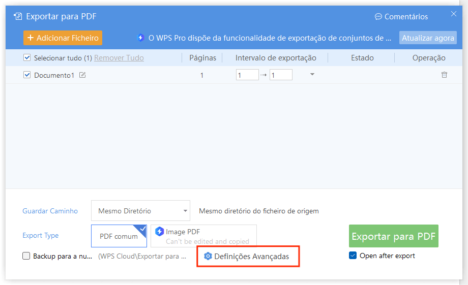 Configurações Avançadas de Exportação para PDF