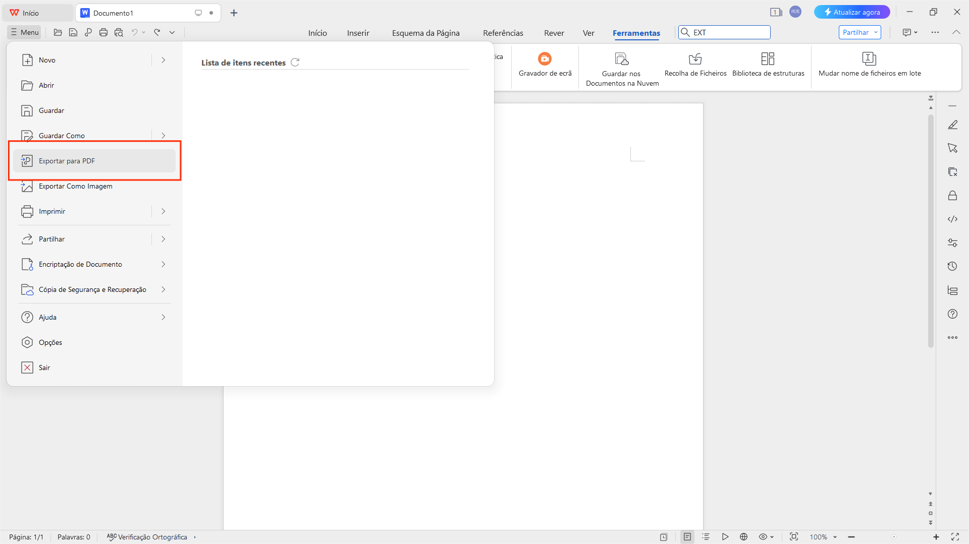 Opção Exportar para PDF do Escritor do WPS
