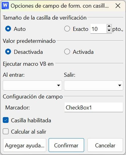 Menú desplegable para configurar la casilla de verificación