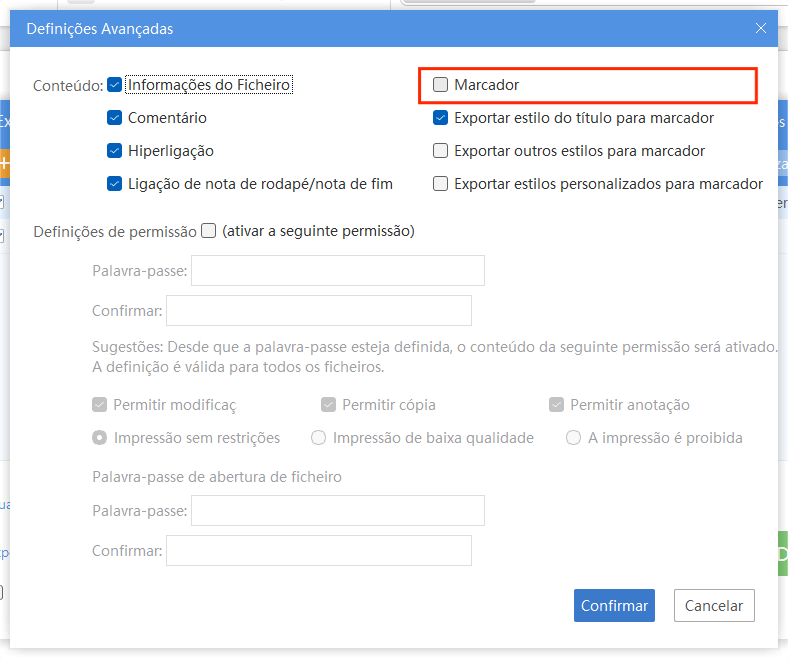 Selecionar Marcadores nas Configurações Avançadas
