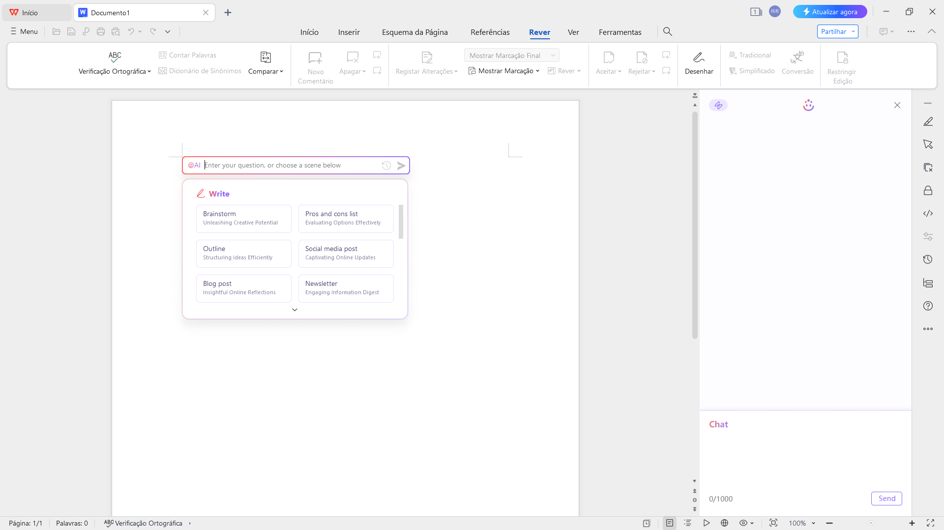 Interagindo com a interface do Escritor de IA da WPS