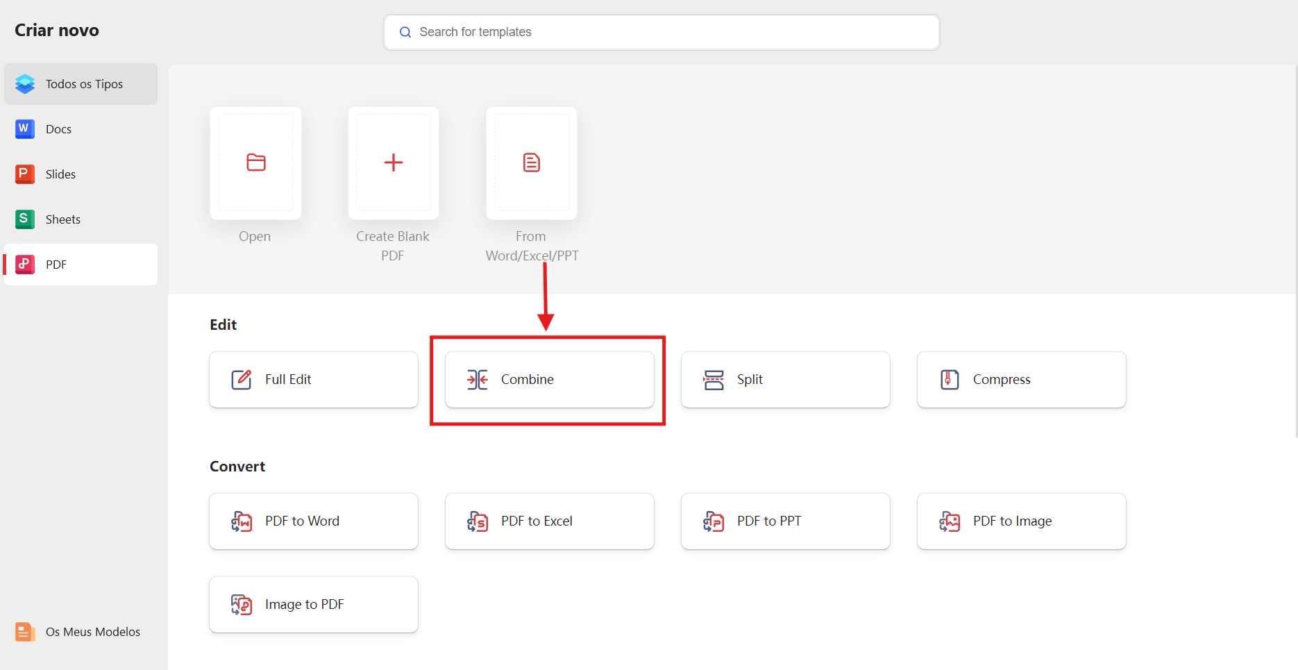 Tela de opções de ações com arquivos PDFs no WPS Office