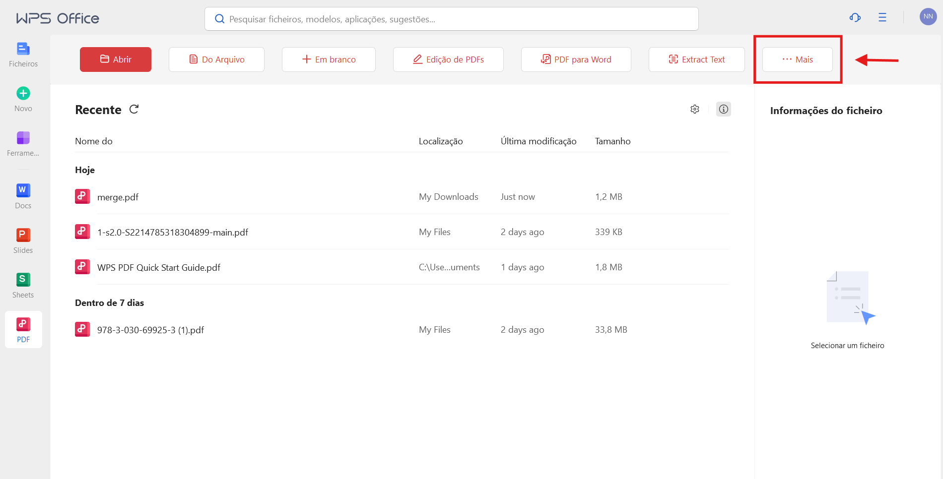 Tela para seleção e edição de arquivos PDF no WPS Office