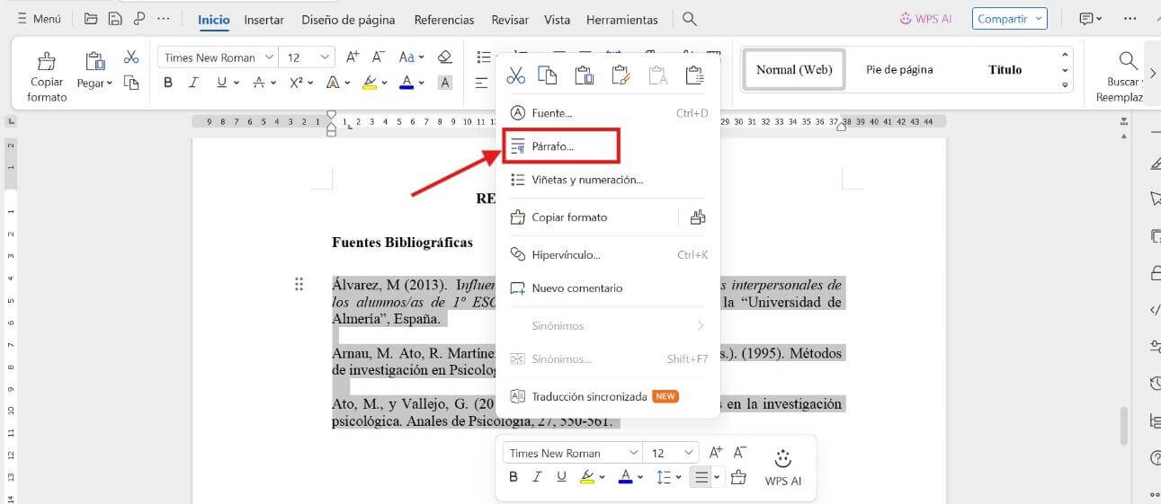 Menú contextual de WPS Office