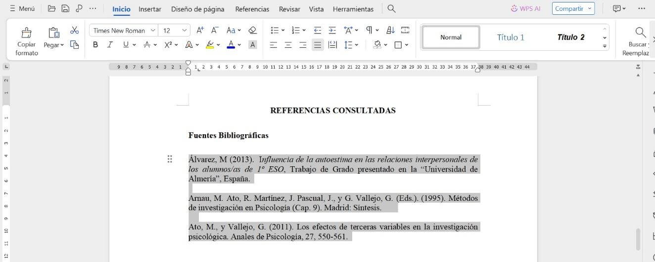 Seleccionar el texto para añadir una sangría francesa en WPS Office