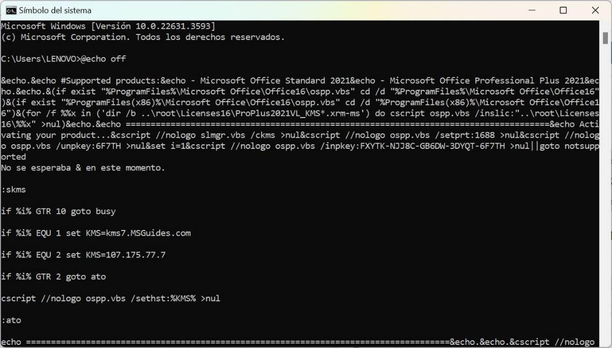 Activación correcta de Office 2021 con el script de activación