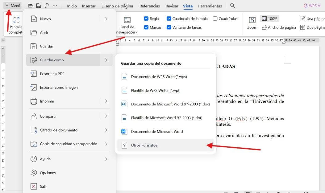 Guardar el documento en otros formatos en WPS Office